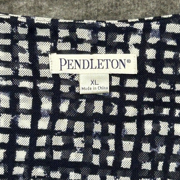PENDLETON Size‎ XL Navy Blue White Ruched Long Sleeve Geometric Checkered Blouse - Picture 4 of 7